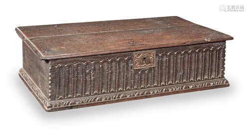 A large Elizabeth I/James I boarded oak box, circa 1580-1620