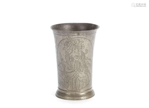 A late 17th century pewter Royal commemorative wrigglework-decorated beaker, Dutch, circa 1690