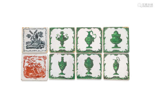 Eight Liverpool delftware printed tiles, circa 1765-75