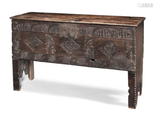 An unusual Charles II boarded oak chest, West Country, circa 1660