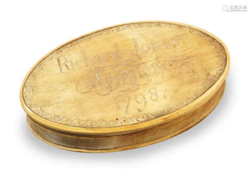 A George III engraved horn snuff box, dated 1798