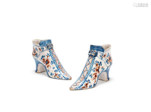 A pair of English delftware models of shoes, circa 1725