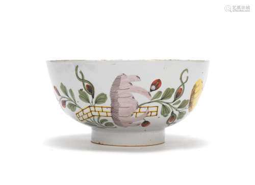 A delftware bowl in 'Fazackerly' colours, circa 1755-60