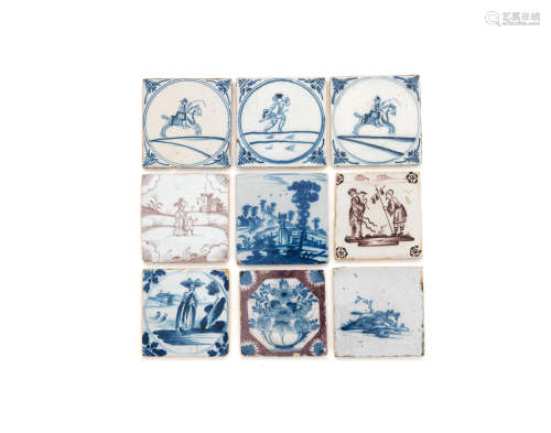 Twenty various English delftware tiles, 18th century