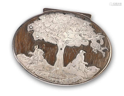 An interesting early to mid-18th century white metal-mounted oak snuff box, circa 1710 - 1750