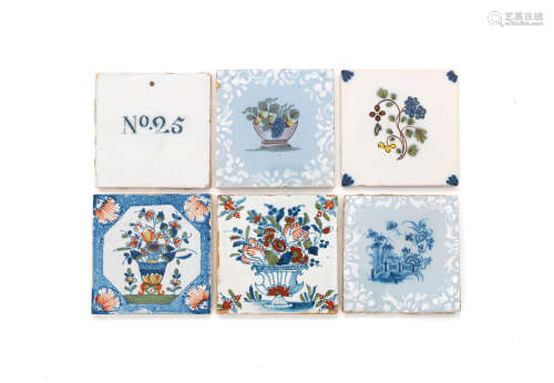 a curious English delftware bin label and five various tiles, 18th century