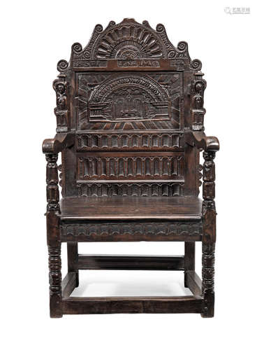 An extraordinary James I joined oak double panel-back open armchair, probably Welsh, dated 1624