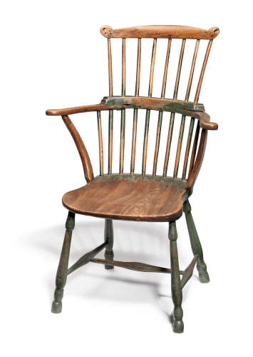 Traces of historic green-paint A George III beech and elm comb-back Windsor armchair, West Country, circa 1790