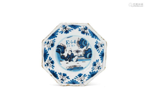 A London delftware octagonal plate, dated 1687