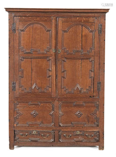 A joined oak press cupboard, English, circa 1700-20