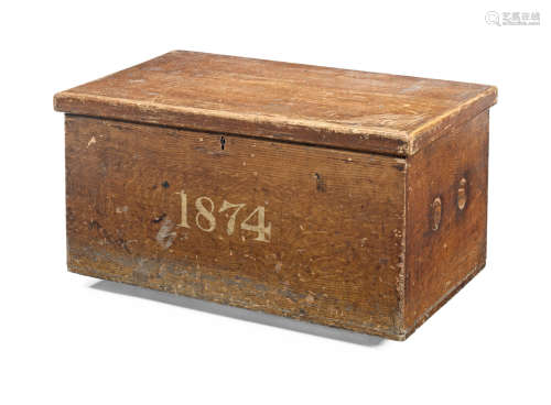 A Victorian grained pine box, dated 1874