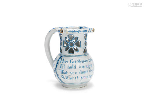 A Liverpool delftware puzzle jug, circa 1765-70