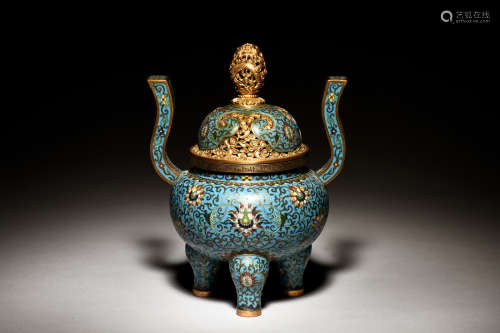 CLOISONNE ENAMELED TRIPOD CENSER WITH LID AND RAISED HANDLES