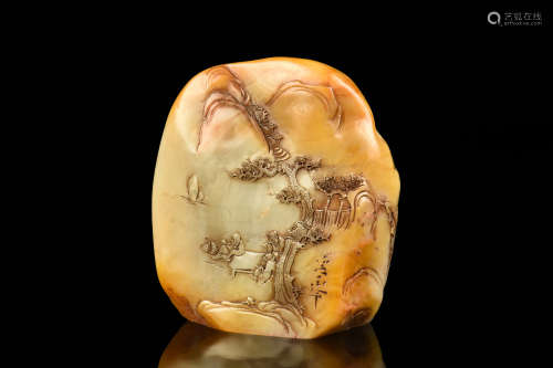 SHOUSHAN SOAPSTONE CARVED 'LANDSCAPE' STAMP SEAL