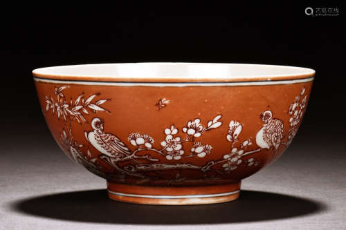 CORAL GROUND 'FLOWERS AND BIRDS' BOWL