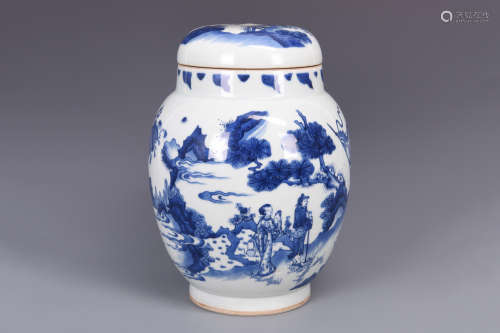 BLUE AND WHITE 'PEOPLE' JAR WITH COVER