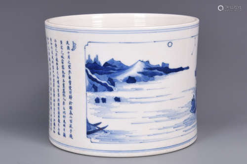 BLUE AND WHITE 'LANDSCAPE AND CALLIGRAPHY' BRUSH POT