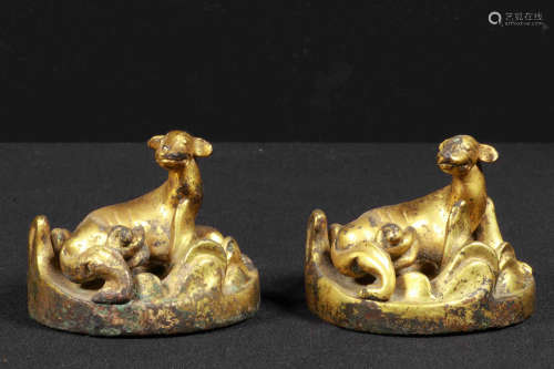 PAIR OF GILT BRONZE CAST 'CHILONG' PAPER WEIGHTS