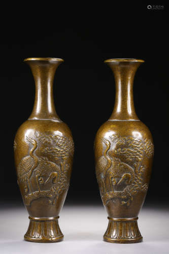 PAIR OF BRONZE CAST 'CRANES' BOTTLE VASE