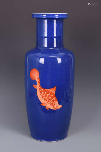 BLUE GROUND UNDERGLAZED RED 'FISH' BOTTLE VASE