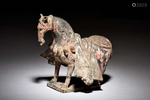 POTTERY AND PAINTED WAR HORSE FIGURE