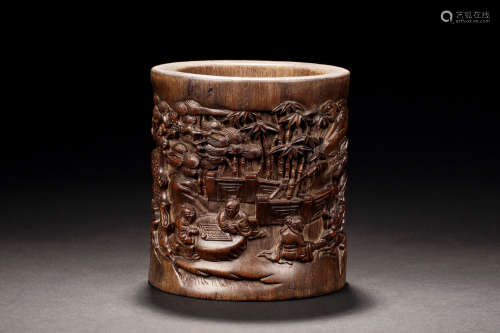 HARDWOOD RELIEF CARVED 'BAMBOO GROVE' BRUSH POT