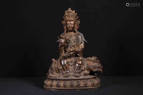 BRONZE CAST GUANYIN FIGURE WITH MYTHICAL BEAST