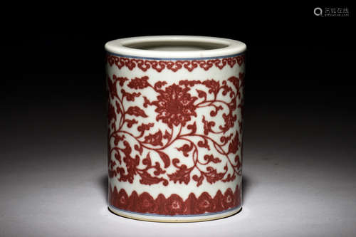 UNDERGLAZED RED 'FLOWERS AND VINES' BRUSH POT