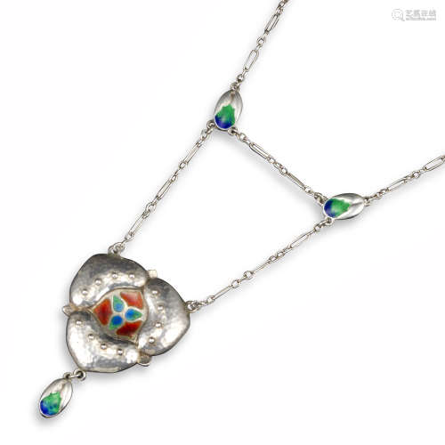 A silver and enamel pendant by Murrle Bennett & Co, of hammered silver trefoil design, decorated