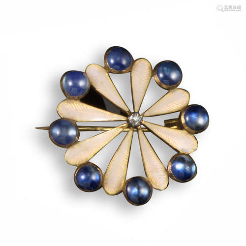 A sapphire-mounted flower head gold brooch by Carlo Giuliano, c1870, centred with a small diamond