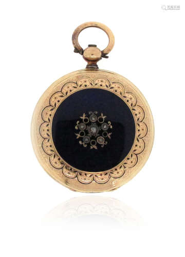A 19th century gold and enamel fob watch, Vacheron Freres, decorated with blue guilloche enamel