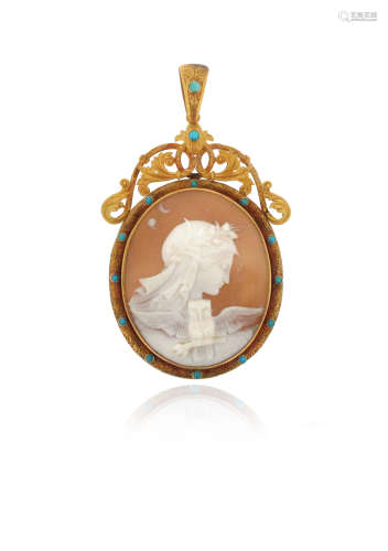 A carved shell cameo pendant, depicting Nyx in profile, within carved gold border set with turquoise