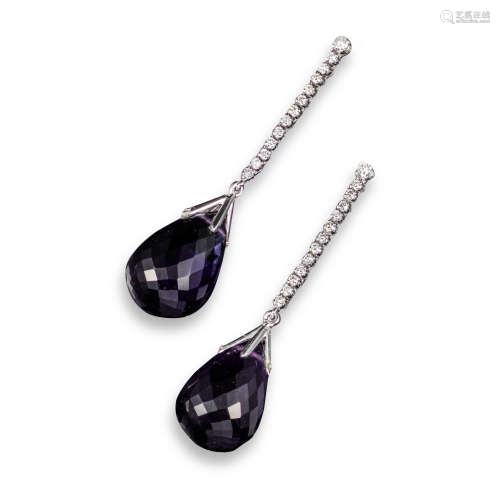 A pair of amethyst and diamond drop earrings, the briolette-shaped amethysts suspend from an