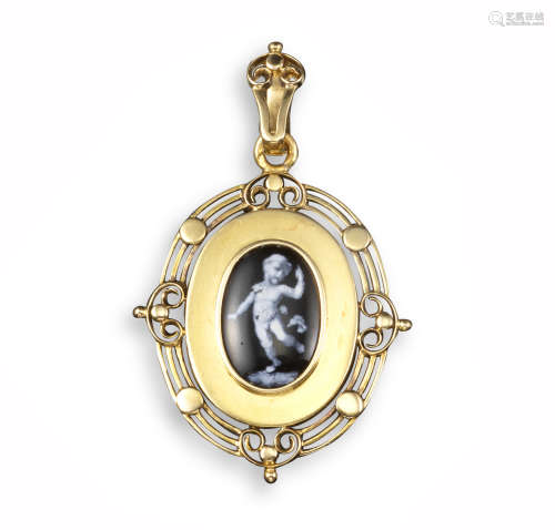 A gold locket pendant, mounted with an oval-shaped monochrome enamel plaque painted with a putto