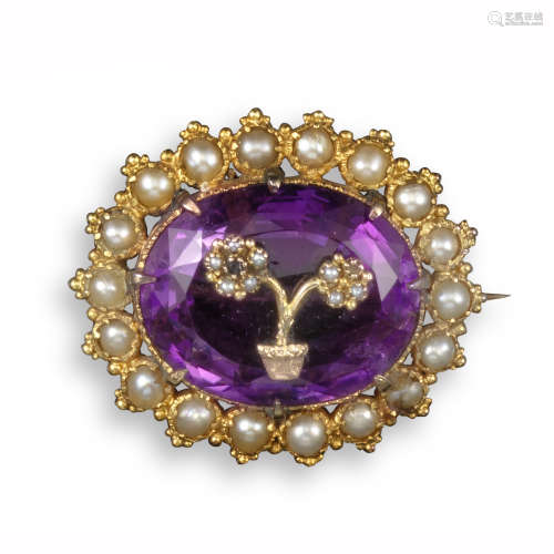 A 19th century amethyst and pearl brooch, the oval-shaped amethyst surmounted with a diamond