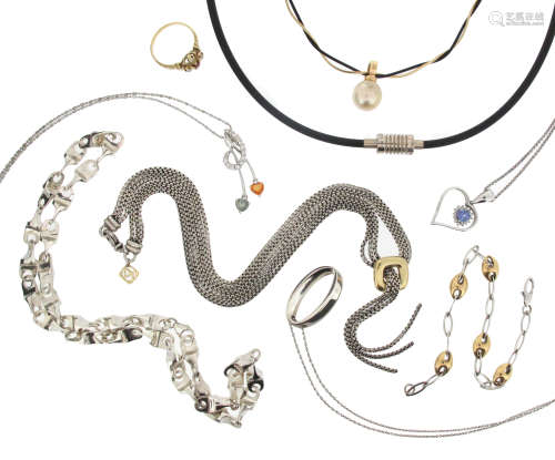 A mixed group of jewellery including a fancy link silver necklace, a ruby and diamond-set gold ring,