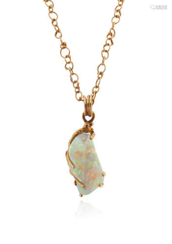 An opal and 18ct gold pendant, the carved opal cabochon is claw set in a yellow gold abstract mount,