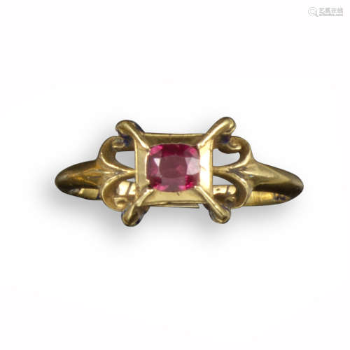 A late 16th century gold ring, set with an oval-shaped pink stone (probably later) to the