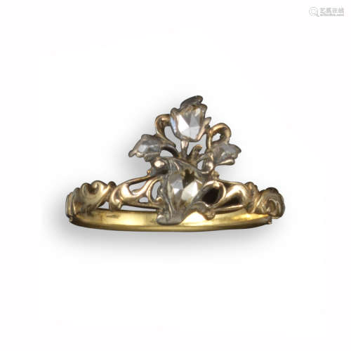 An 18th century diamond-set open foliate gold ring, set with rose-cut diamonds in silver and gold