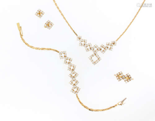 A suite of diamond-set gold jewellery, comprising a necklace, bracelet, a ring and earrings, each