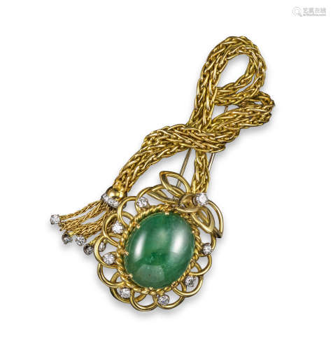 A cabochon emerald and diamond gold brooch, the cabochon emerald weighs approximately 29.00cts and