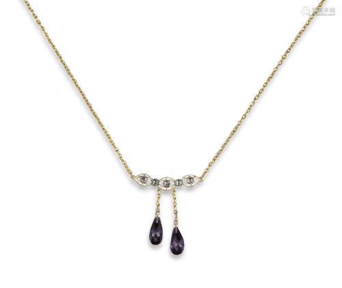 An Edwardian amethyst, diamond and enamel pendant, the figure of eight white enamel links are set