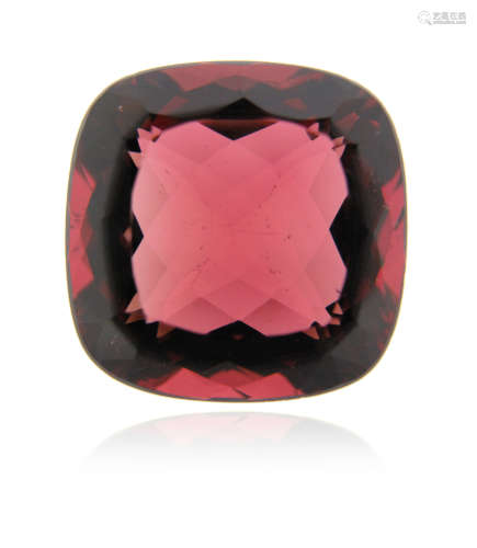 A cushion-shaped rubelite, the red tourmaline weighs 25.64cts