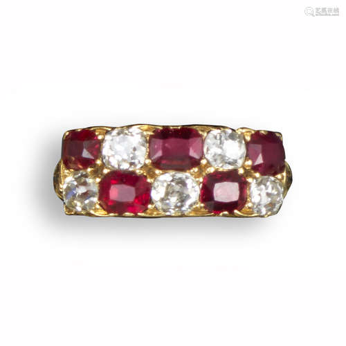 A Victorian ruby and diamond chequerboard ring, alternately-set with rubies and diamonds in carved