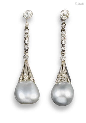 A pair of natural pearl drop earrings, the pearls suspend from diamond-set caps on articulated