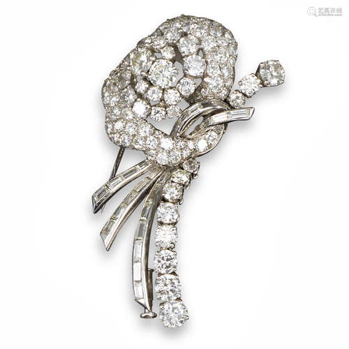 A French diamond floral spray brooch, c1950, of stylised design and set overall with graduated