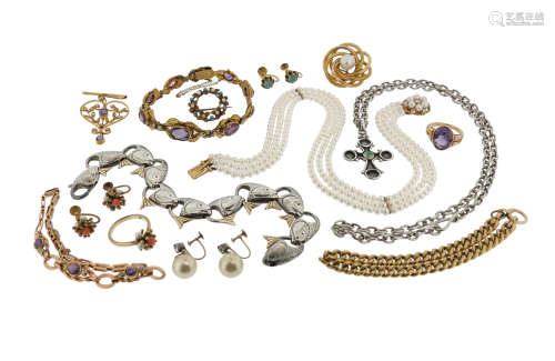 A quantity of jewellery, including an amethyst-set gold ring, an Edwardian amethyst and seed pearl-