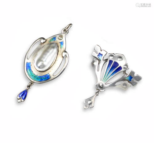 A silver, enamel and mabé pearl pendant by James Fenton, of pierced teardrop shape, set with a