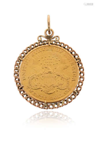 A gold US $20 coin pendant, in gold curb-link surround, 38g