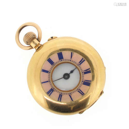 A mid 19th century 18ct yellow gold small half hunting-cased fob watch, stem winding, the outer pink